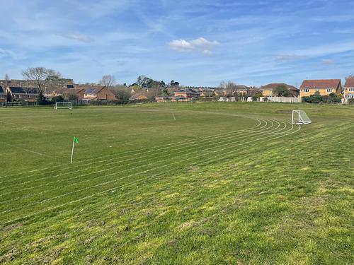 Robert Smyth Academy Athletics Track Marked Oval + Straight 6 lane track for 100m sprint (cut and Marked Fornightly)